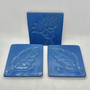 Vintage Lot Of 3 Terracotta Redware Pottery Tiles Light Blue W/ Flower Leaves